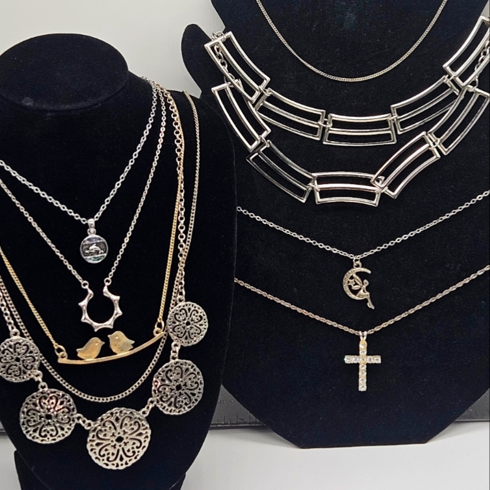 9 Silver Tone Necklaces Vintage to Modern Fashion Adjustable Layered Variety Mix